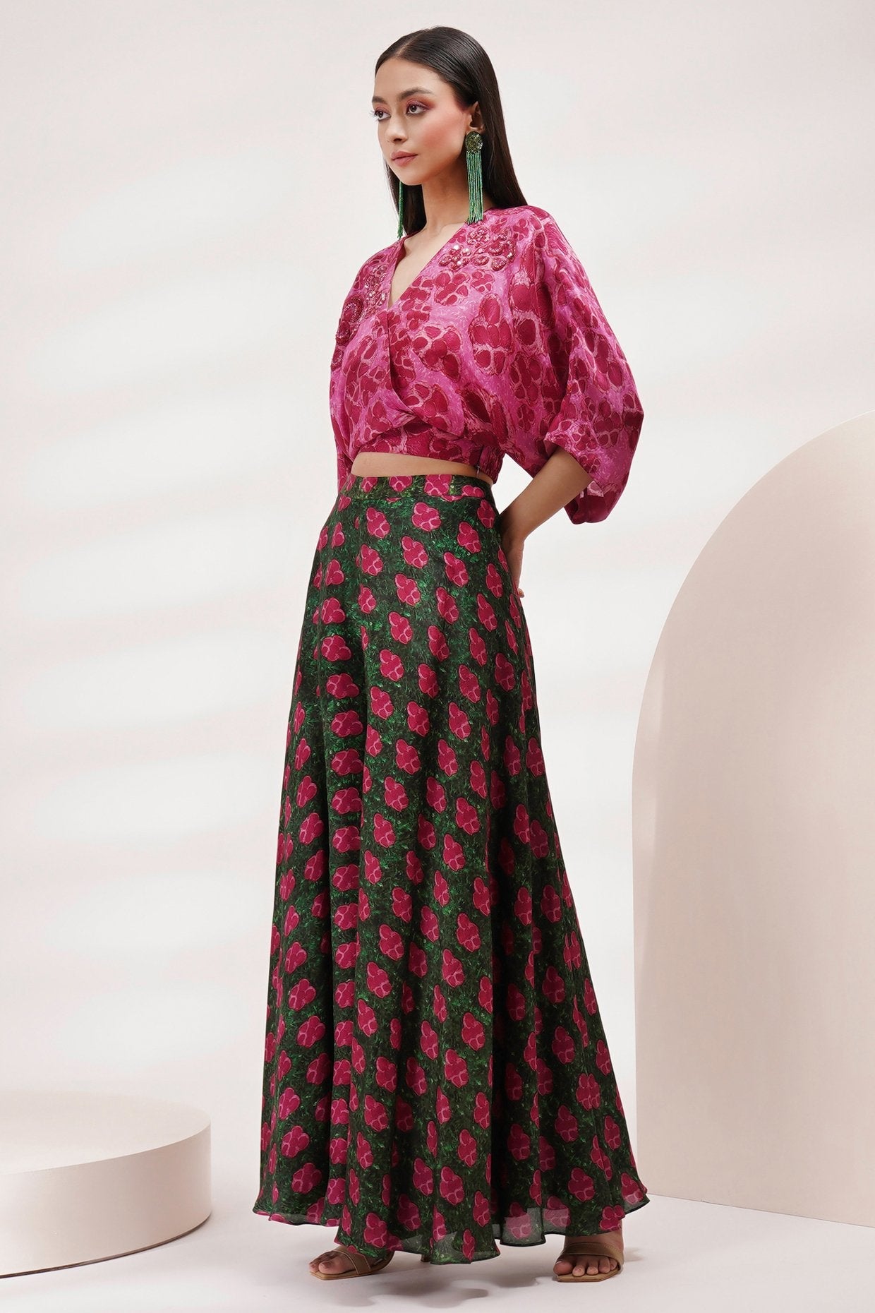 V Cross Neck Top With Sharara Pant Coord Set