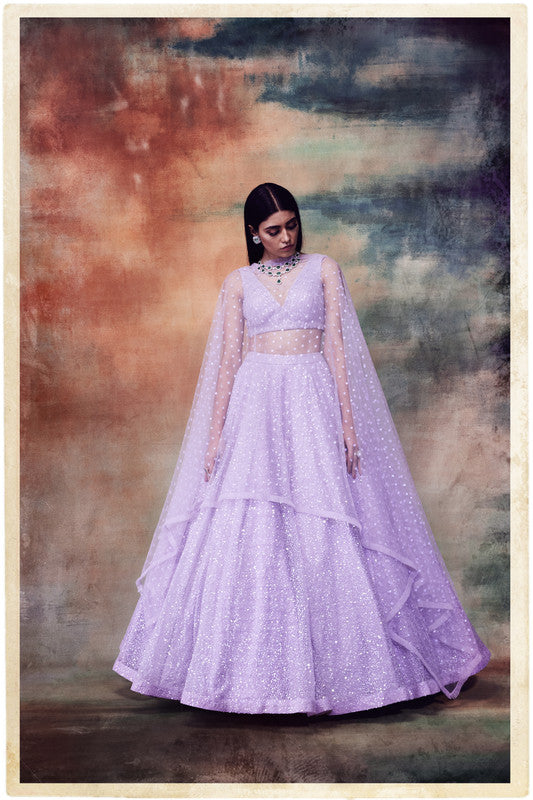 Image of Powder lilac sequined lehenga set