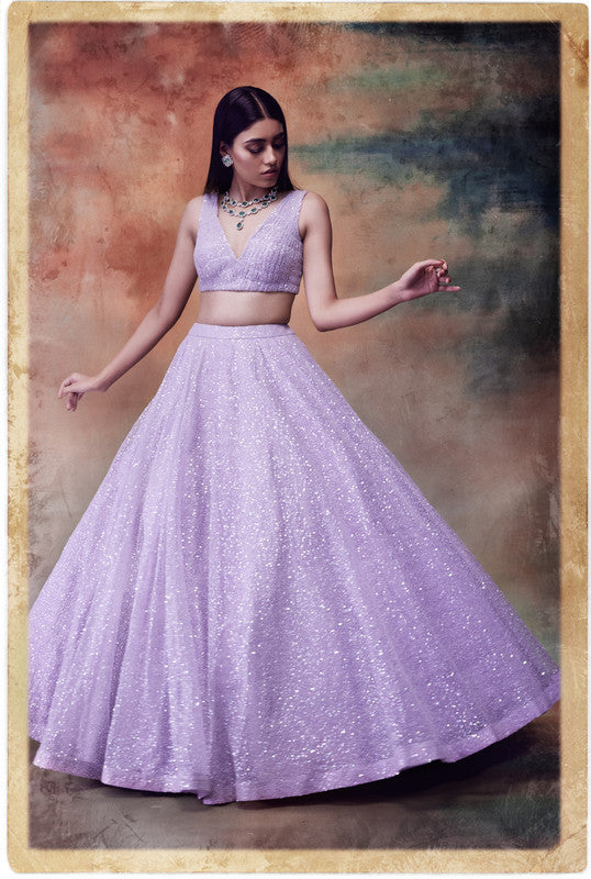 Image of Powder lilac sequined lehenga set