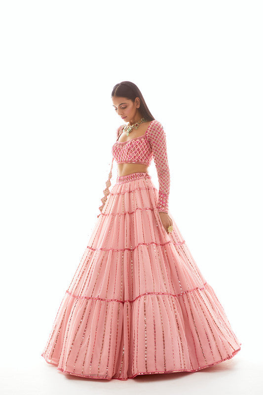 Image of Peach Applique Tier Lehenga Set