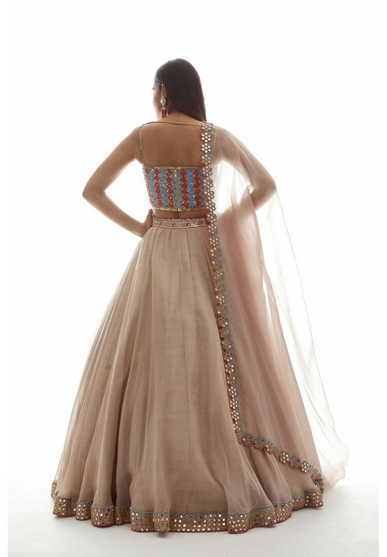 Image of Beige Applique Corset Lehenga Set