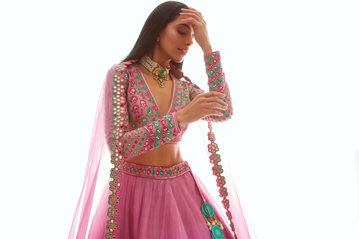 Image of Dull Pink Applique Organza Lehenga Set