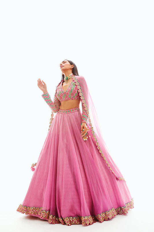 Image of Dull Pink Applique Organza Lehenga Set