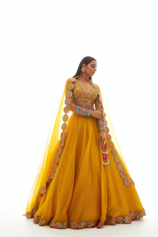 Image of Mustard Applique Lehenga Set