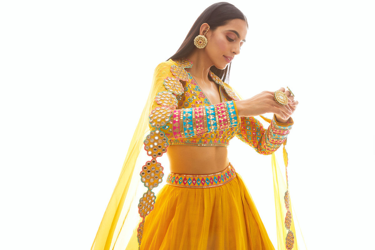 Image of Mustard Applique Lehenga Set