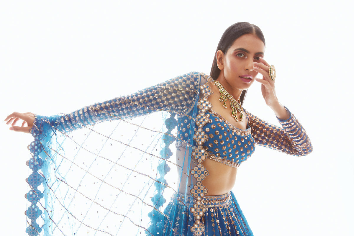 Blue Linear Drop Lehenga Set