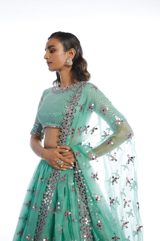 Image of DULL MINT KINFE PLEATED LEHANGA SET