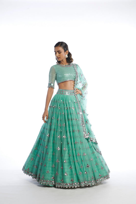 Image of DULL MINT KINFE PLEATED LEHANGA SET