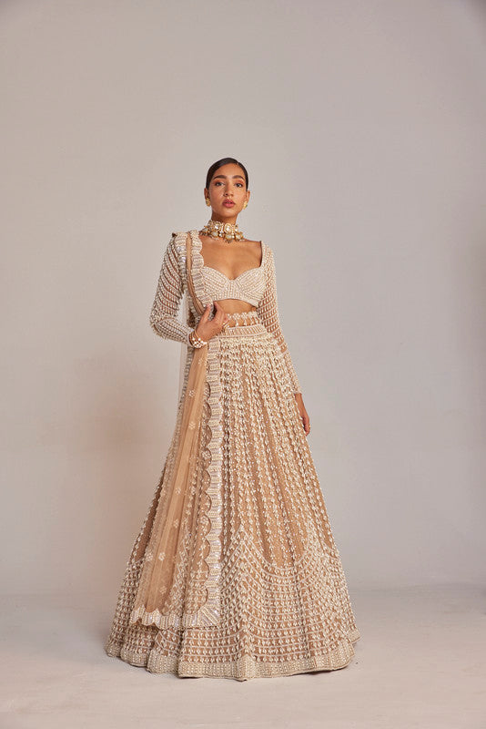 Image of Beige Chandelier Pearl Lehenga Set