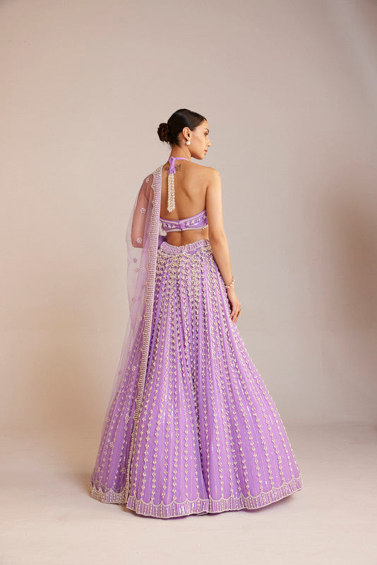 Image of Lilac Chandelier Pearl Halter Neck Lehenga Set