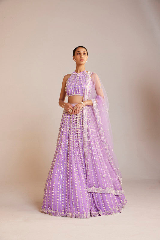 Image of Lilac Chandelier Pearl Halter Neck Lehenga Set