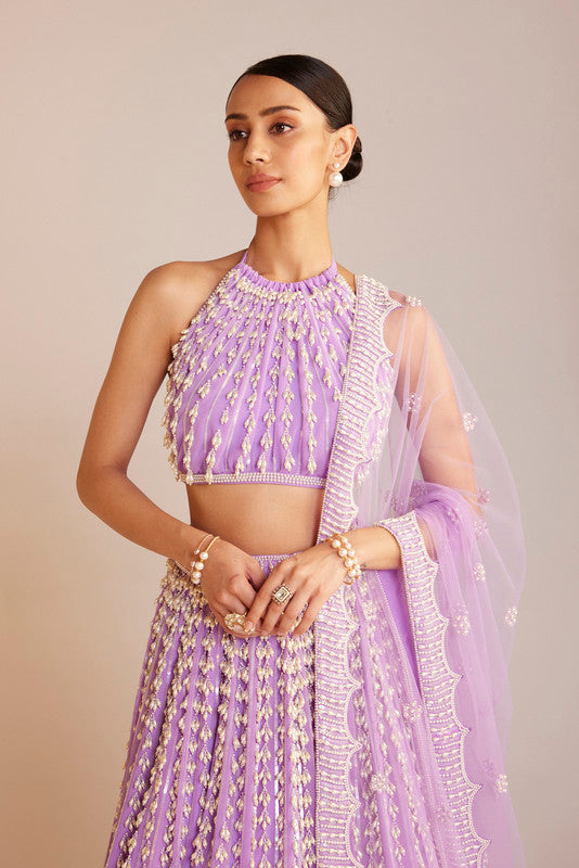 Image of Lilac Chandelier Pearl Halter Neck Lehenga Set