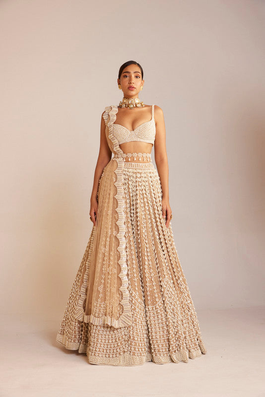 Image of Beige Chandelier Pearl Sweetheart Neck Lehenga Set