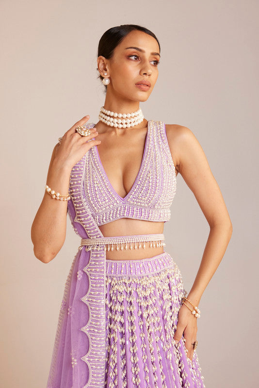 Image of Lilac V Neck Pearl Chandelier Lehenga Set