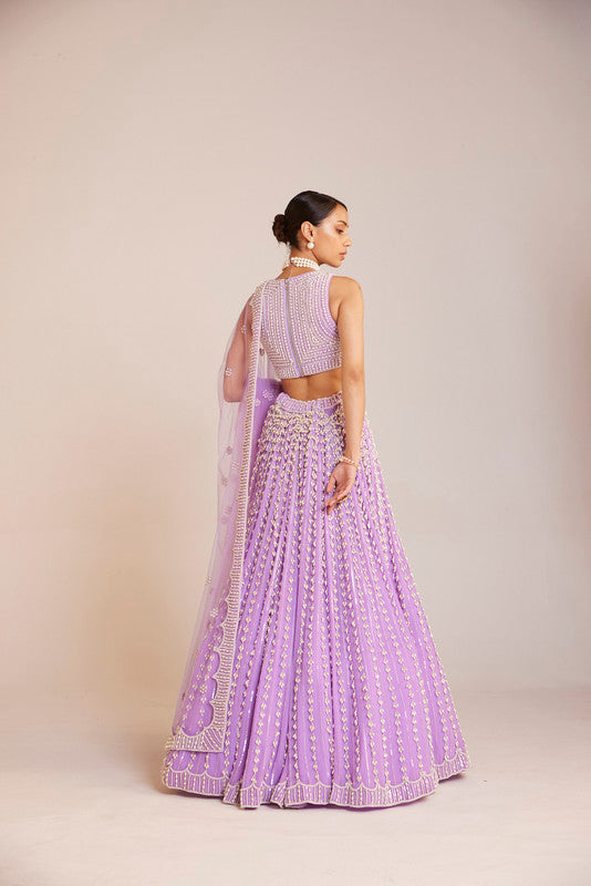 Image of Lilac V Neck Pearl Chandelier Lehenga Set