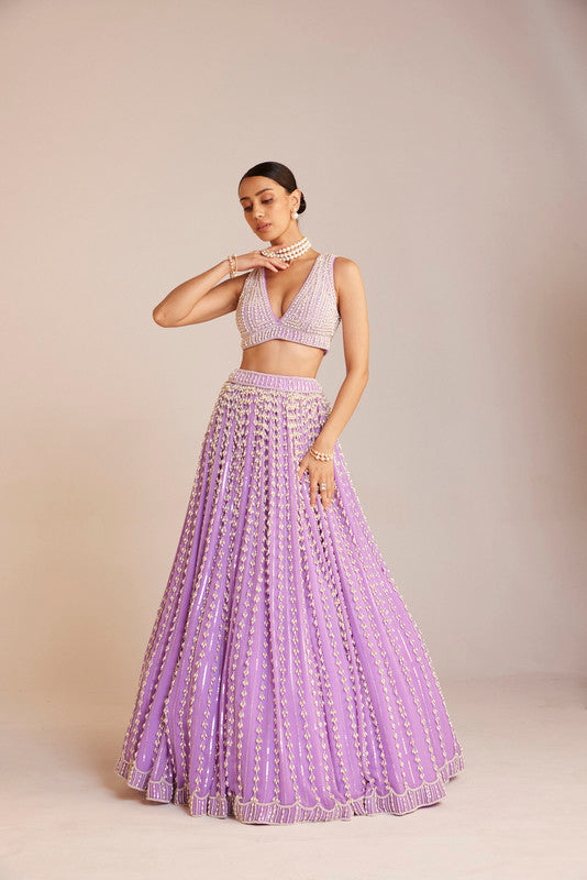 Image of Lilac V Neck Pearl Chandelier Lehenga Set