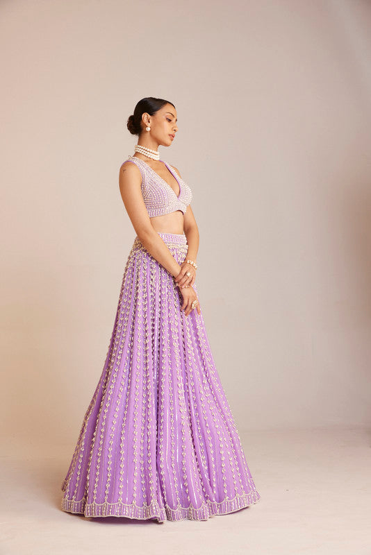 Image of Lilac V Neck Pearl Chandelier Lehenga Set