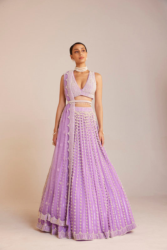 Image of Lilac V Neck Pearl Chandelier Lehenga Set