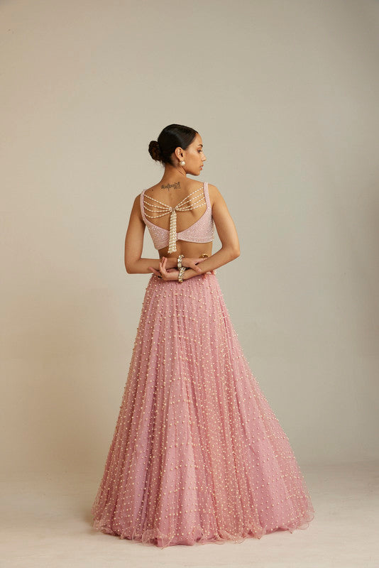 Image of Powder Pink Dense Pearl Lehenga Set