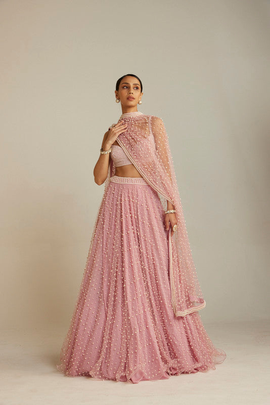 Image of Powder Pink Dense Pearl Lehenga Set