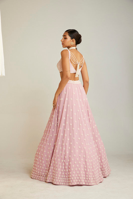 Image of Powder Pink Flower Lehenga Set