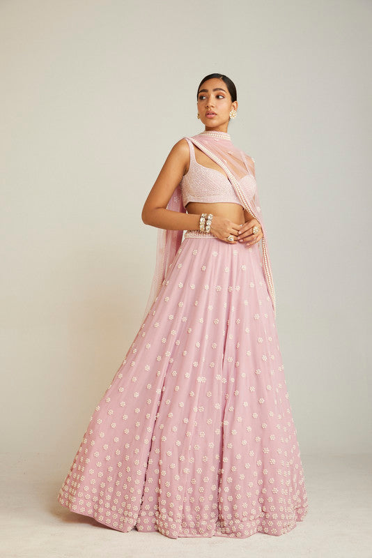 Image of Powder Pink Flower Lehenga Set