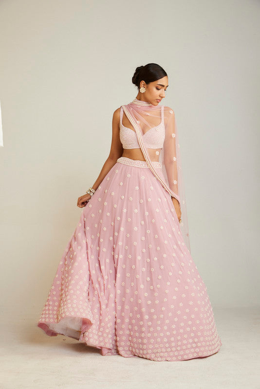 Image of Powder Pink Flower Lehenga Set