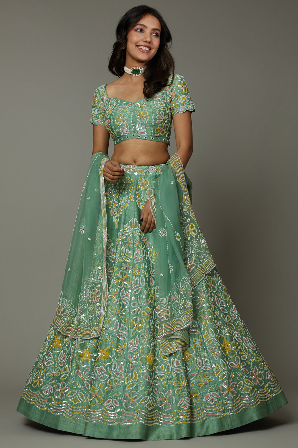 Green Apple Candy Hand Embroidered Raw Silk Lehenga Set