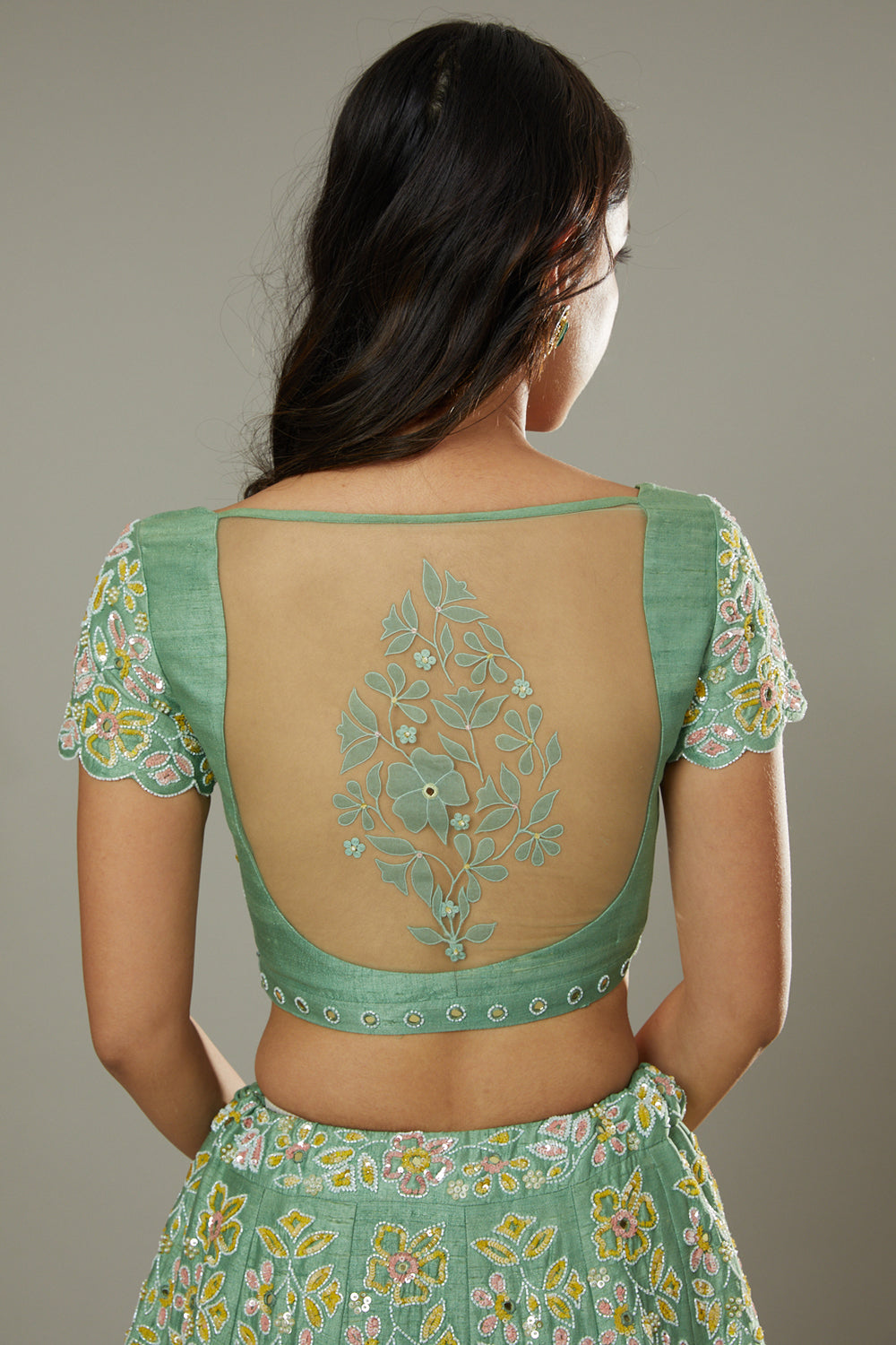 Green Apple Candy Hand Embroidered Raw Silk Lehenga Set