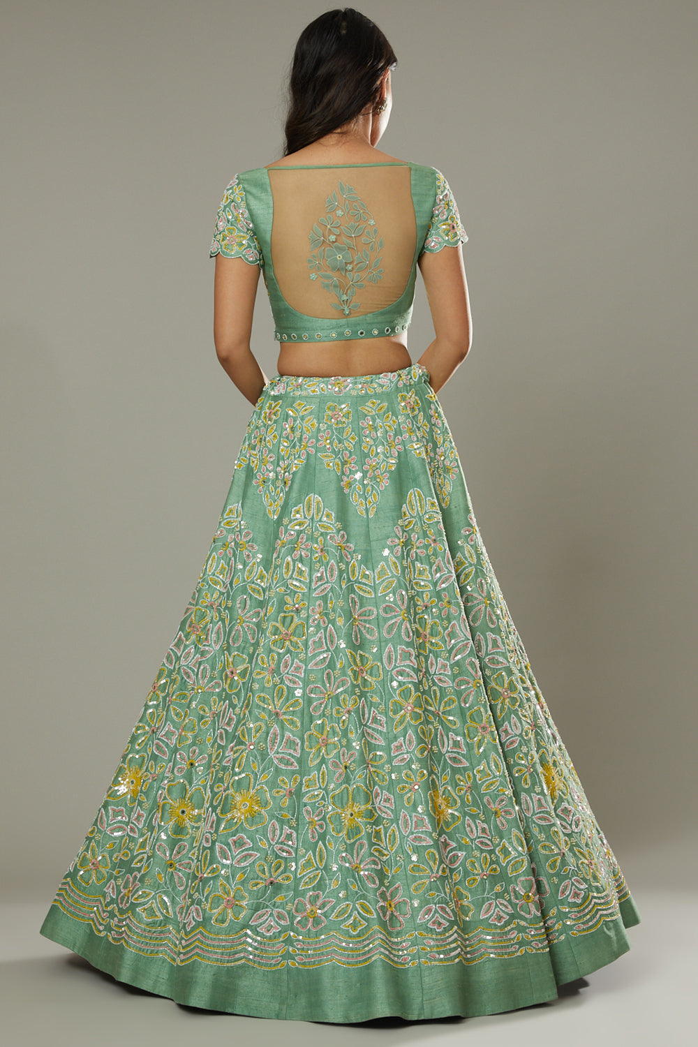 Green Apple Candy Hand Embroidered Raw Silk Lehenga Set