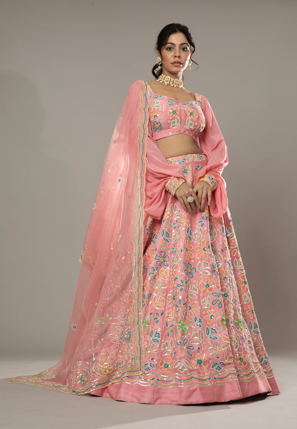 Candy Floss Hand Embroidered Raw Silk Lehenga Set