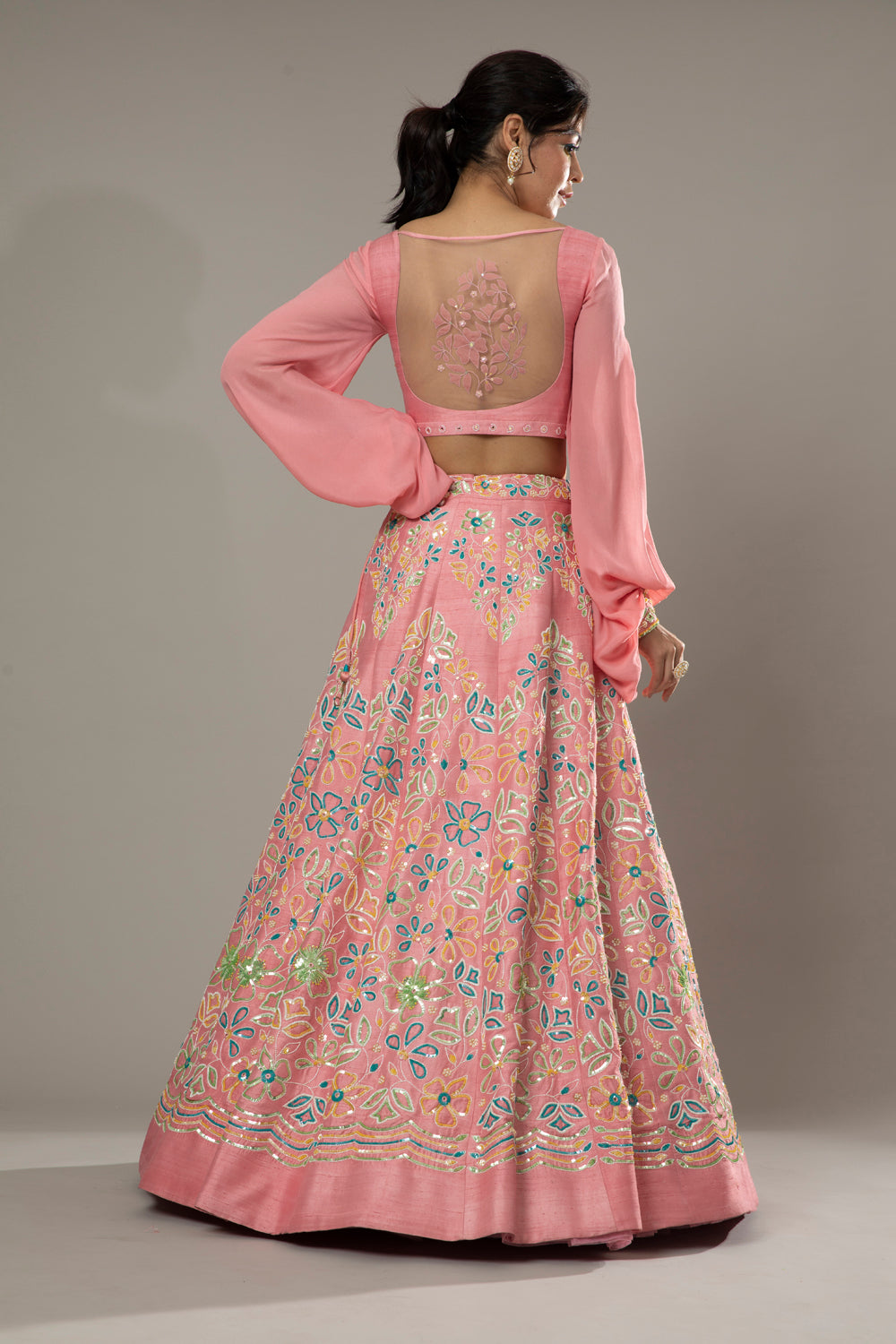 Candy Floss Hand Embroidered Raw Silk Lehenga Set