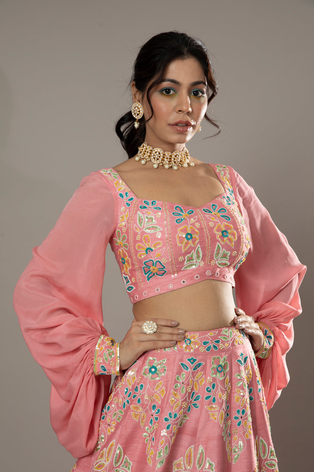 Candy Floss Hand Embroidered Raw Silk Lehenga Set