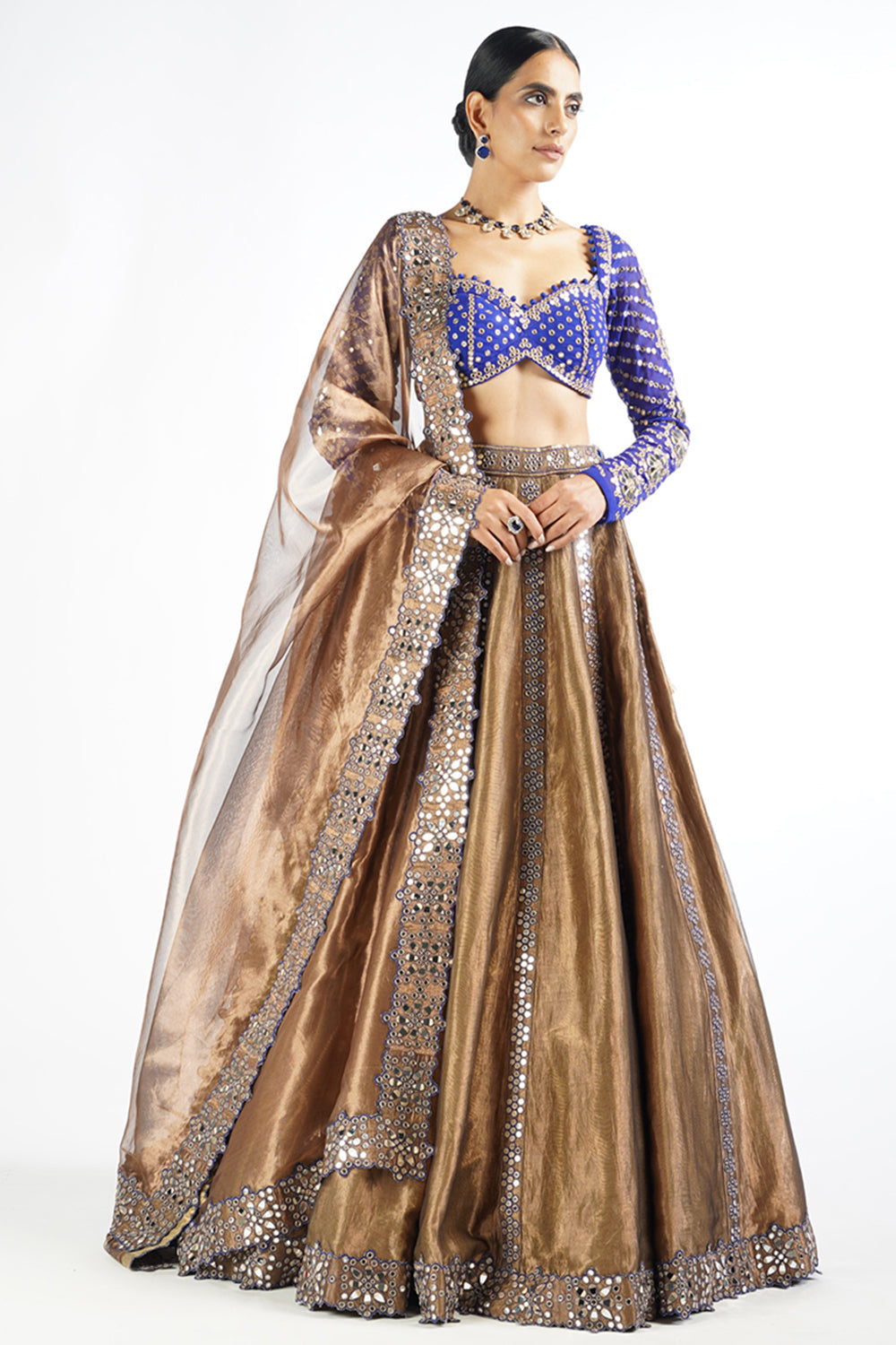 Royal Blue And Copper Shimmer Organza Lehenga Set