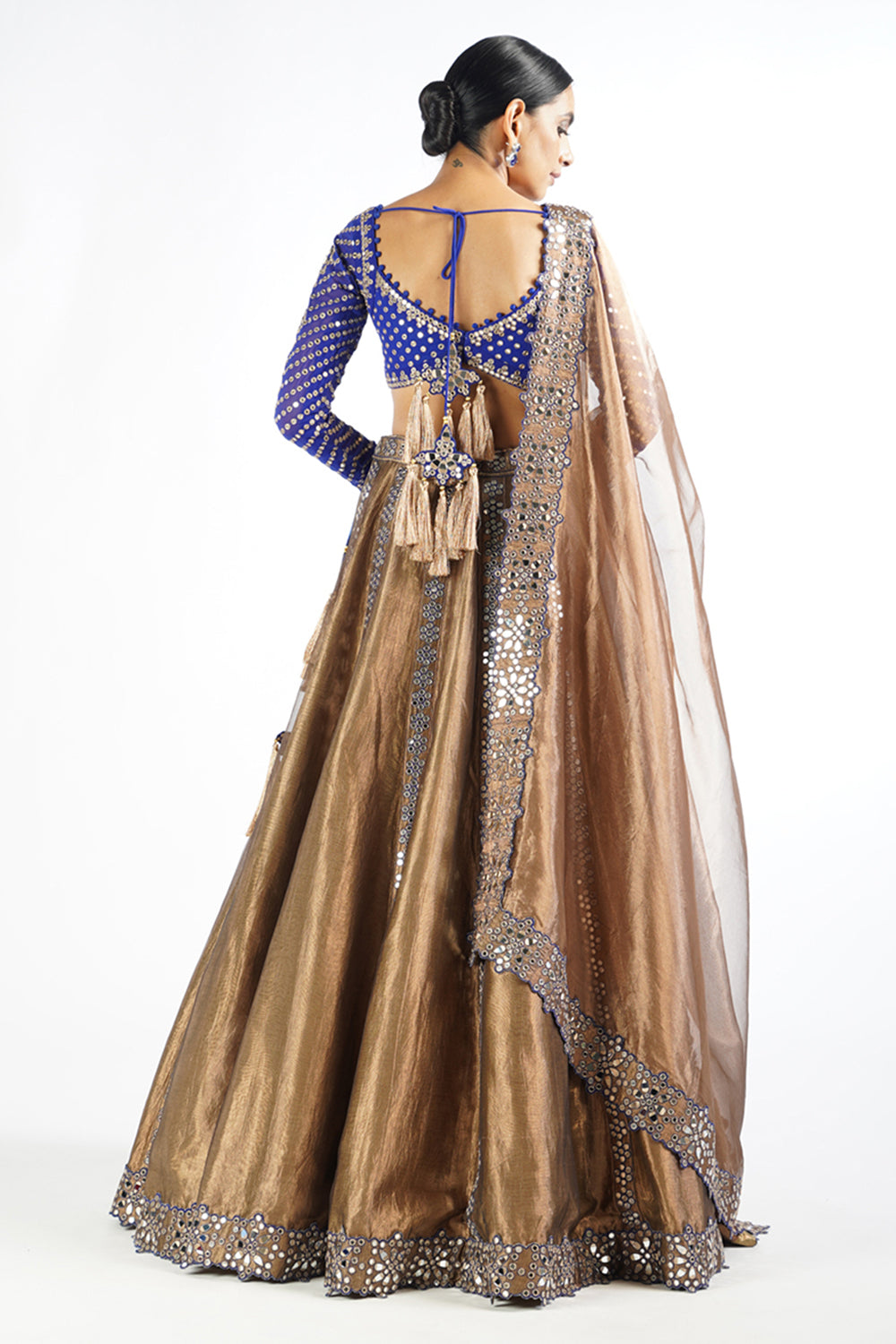 Royal Blue And Copper Shimmer Organza Lehenga Set