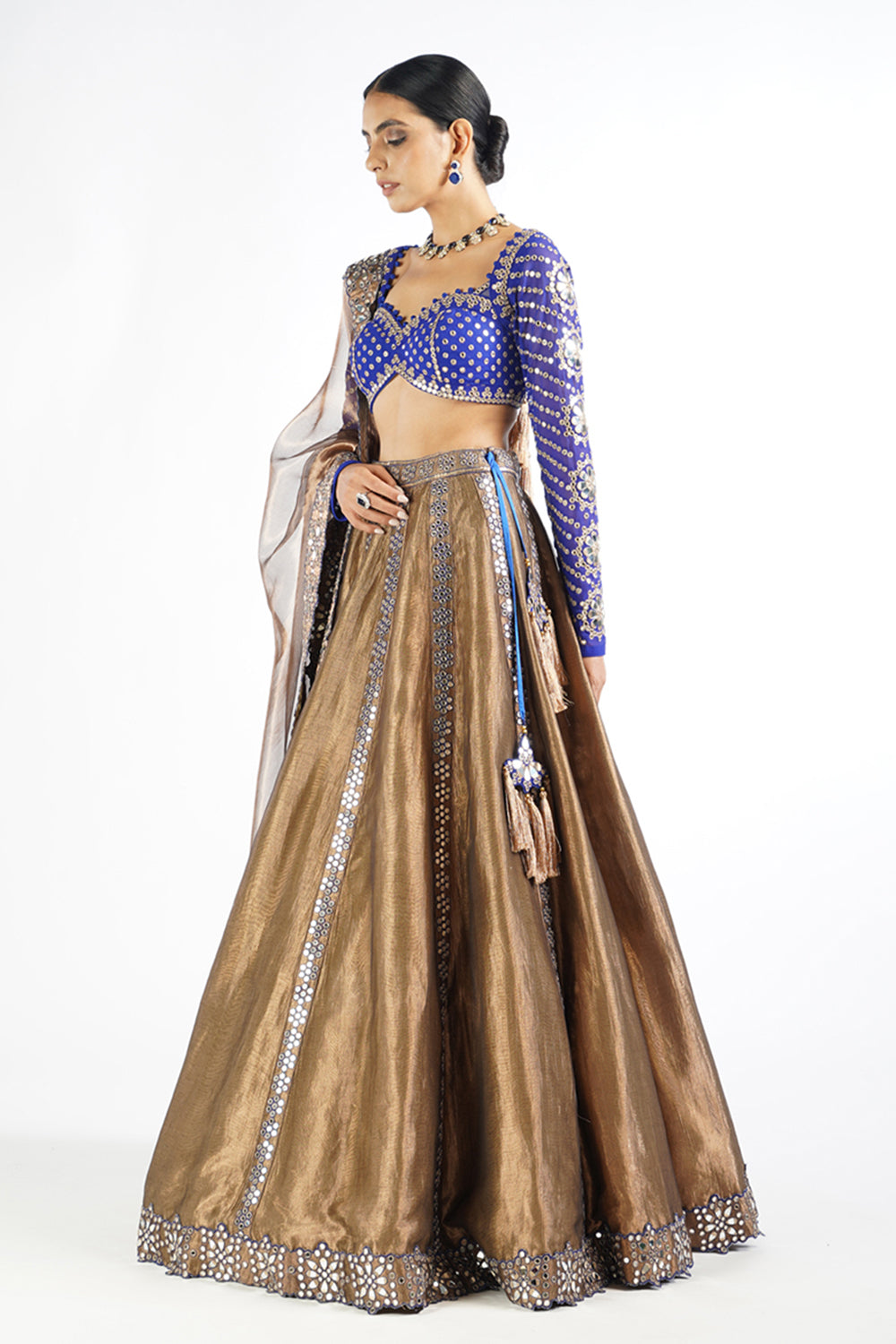 Royal Blue And Copper Shimmer Organza Lehenga Set