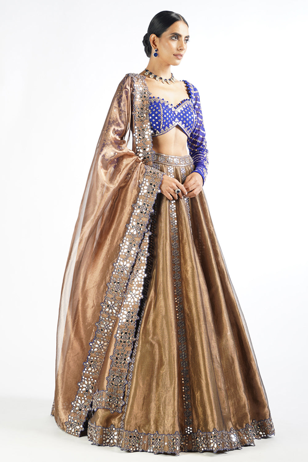 Royal Blue And Copper Shimmer Organza Lehenga Set