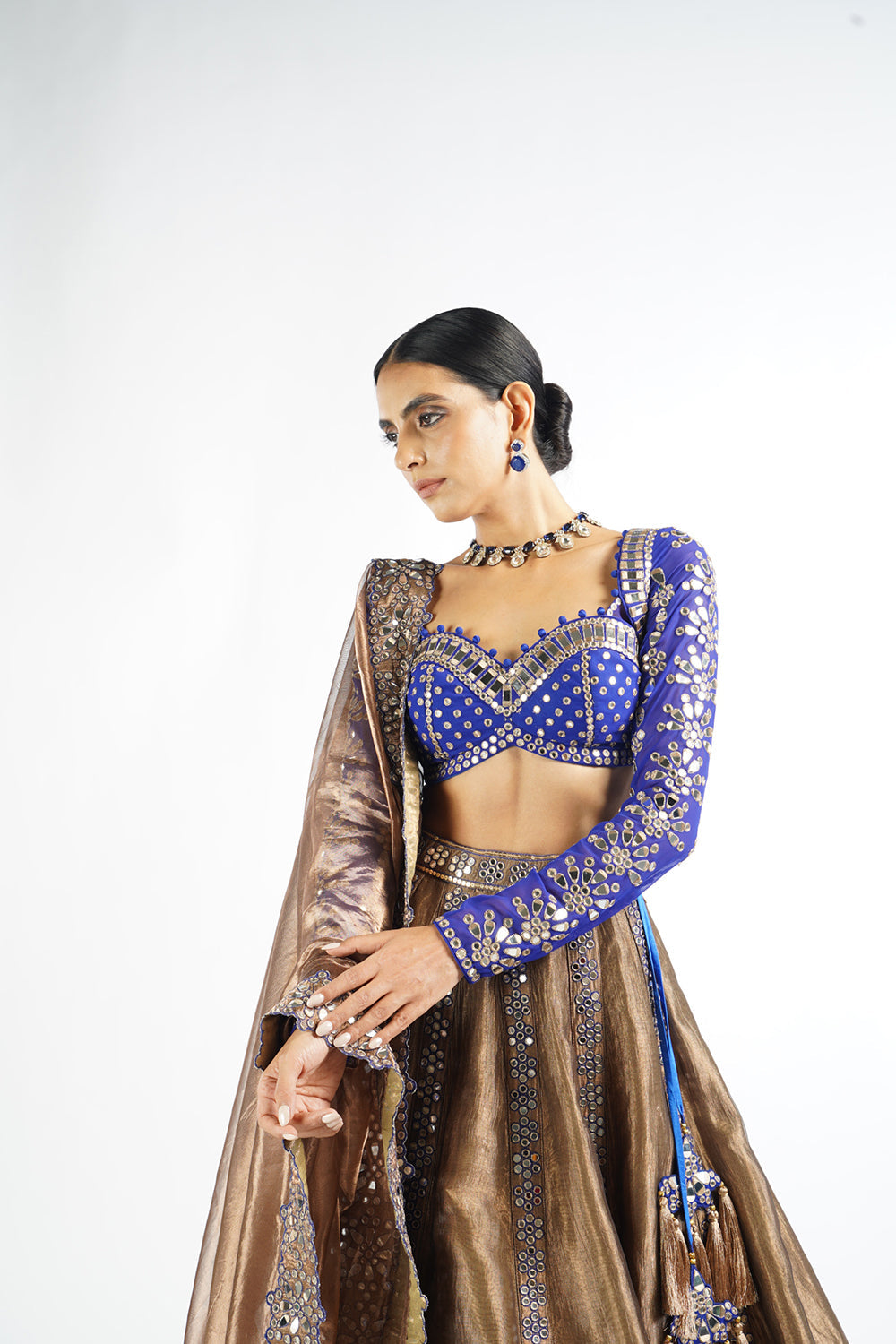 Royal Blue And Copper Shimmer Organza Lehenga Set