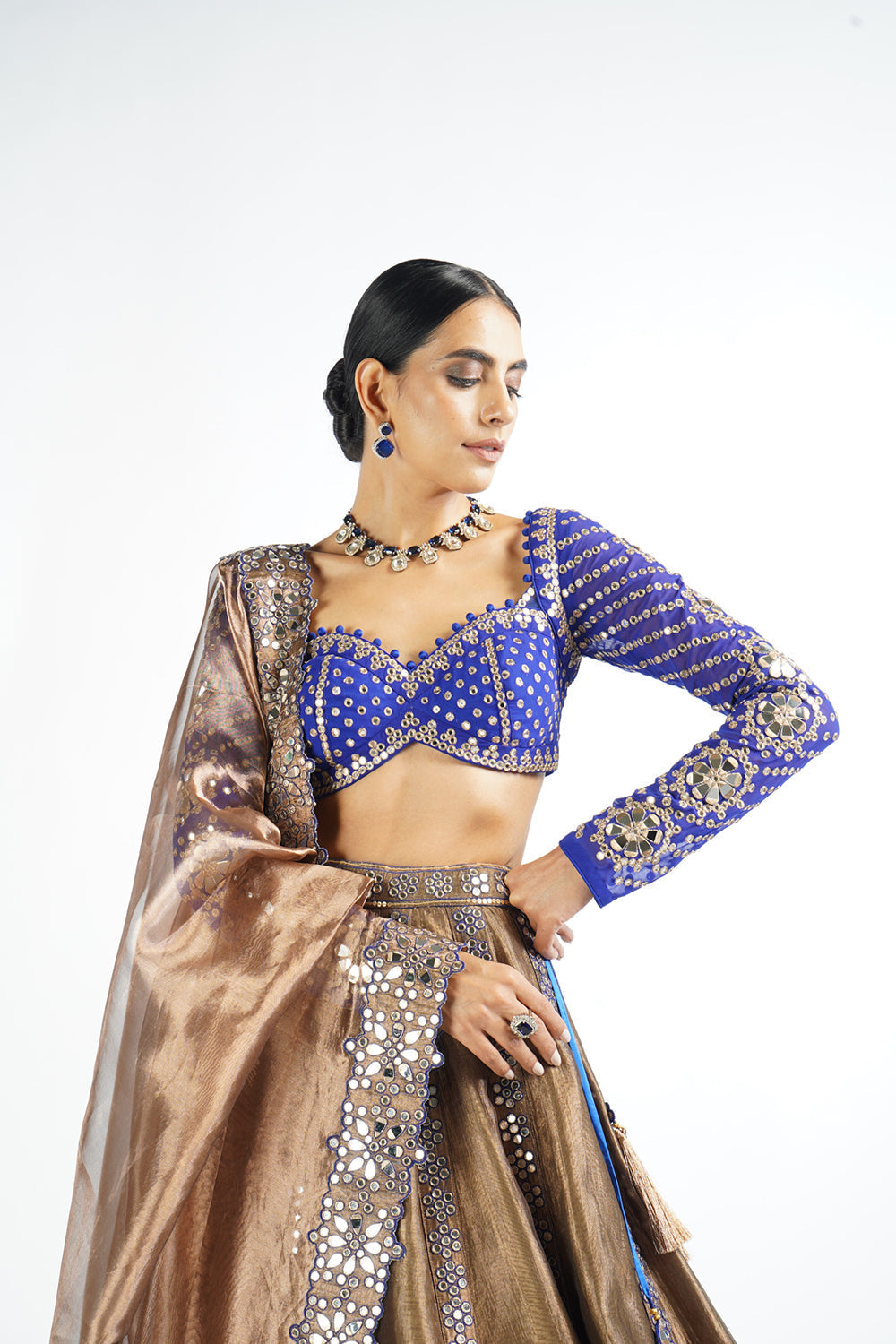 Royal Blue And Copper Shimmer Organza Lehenga Set