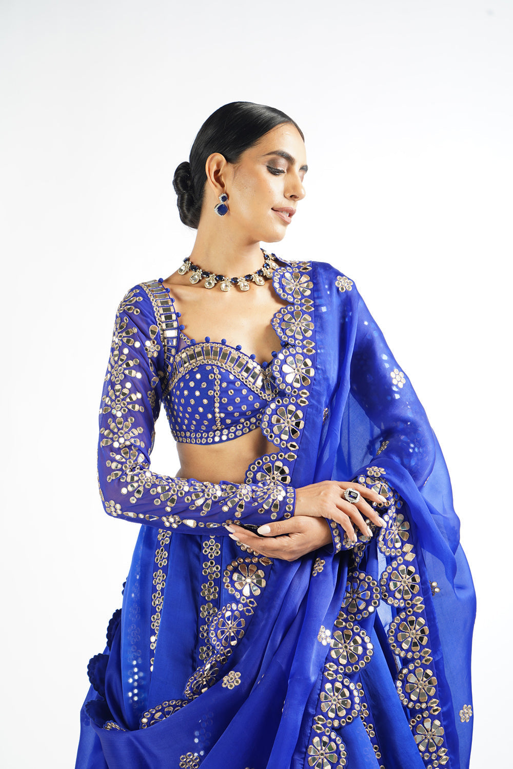 Royal Blue Embellished Blouse And Lehenga Set