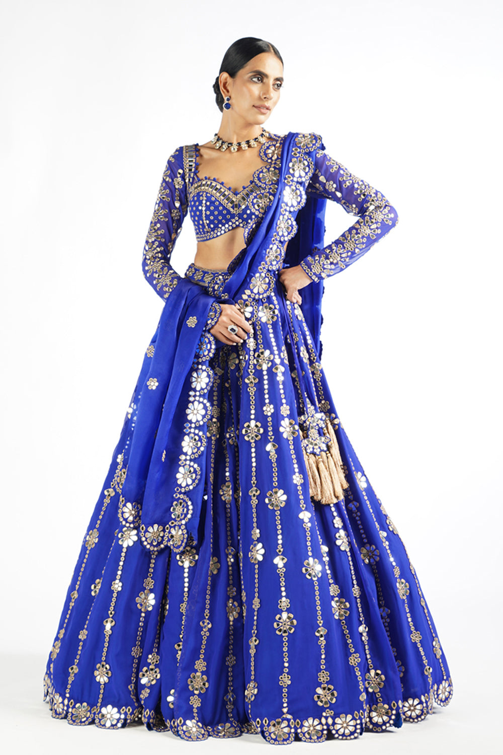 Royal Blue Big Flower Linear Lehenga Set