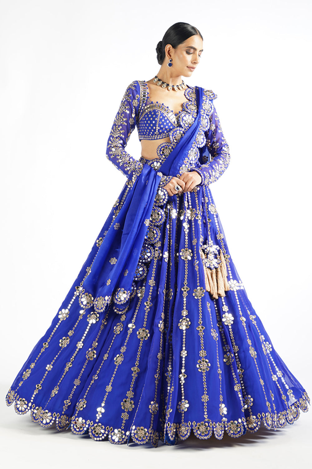 Royal Blue Big Flower Linear Lehenga Set