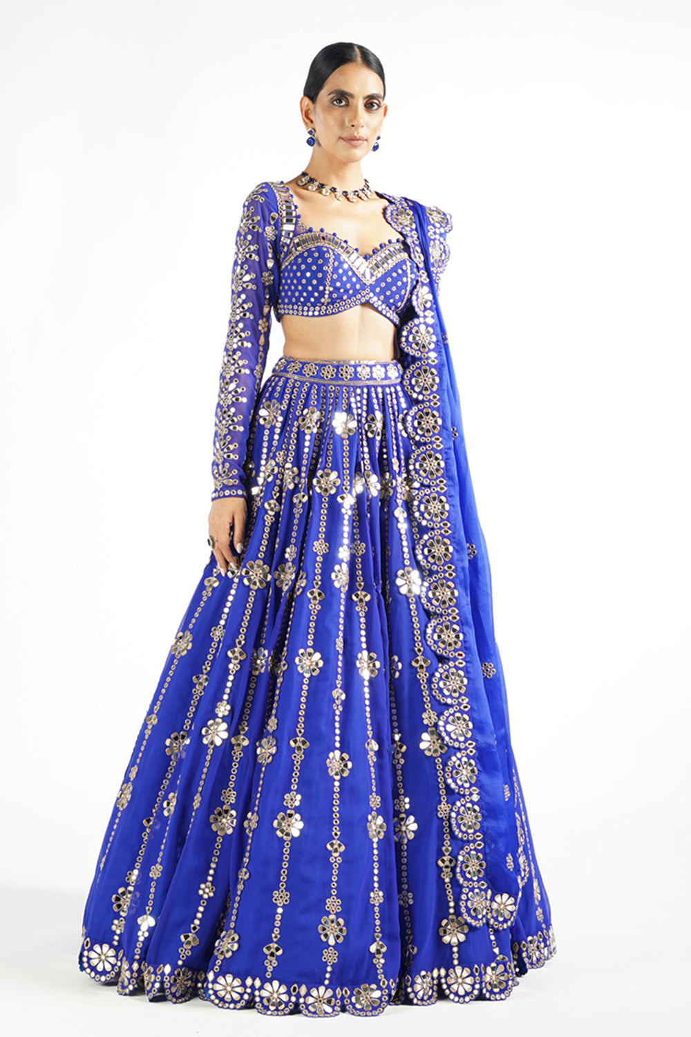 Royal Blue Big Flower Linear Lehenga Set