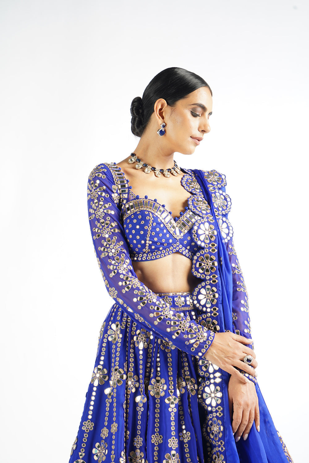 Royal Blue Big Flower Linear Lehenga Set