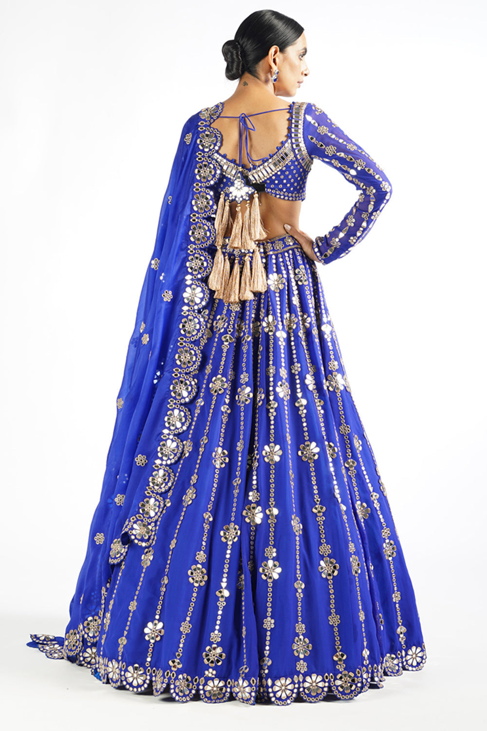 Royal Blue Big Flower Linear Lehenga Set