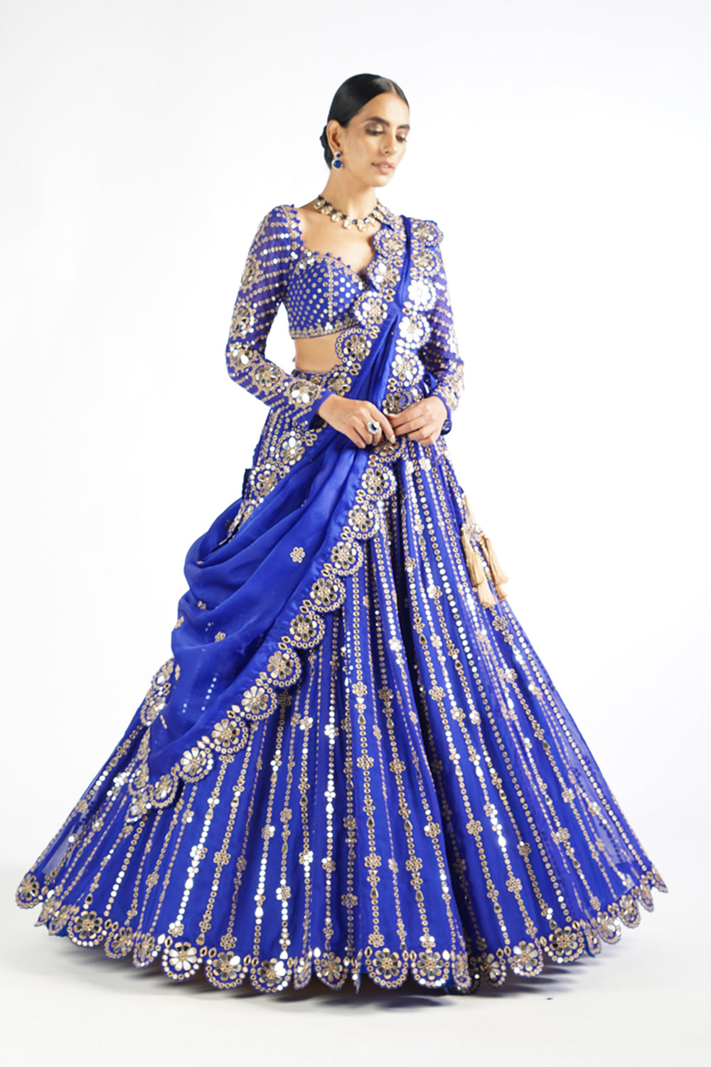 Royal Blue Small Flower Linear Lehenga Set