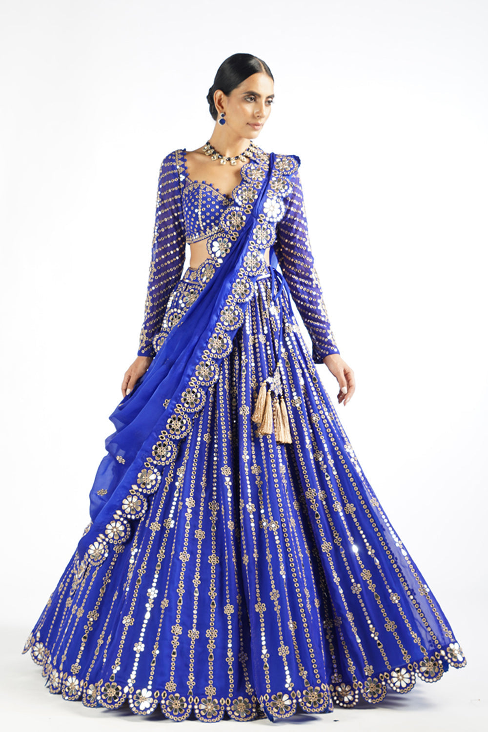 Royal Blue Small Flower Linear Lehenga Set