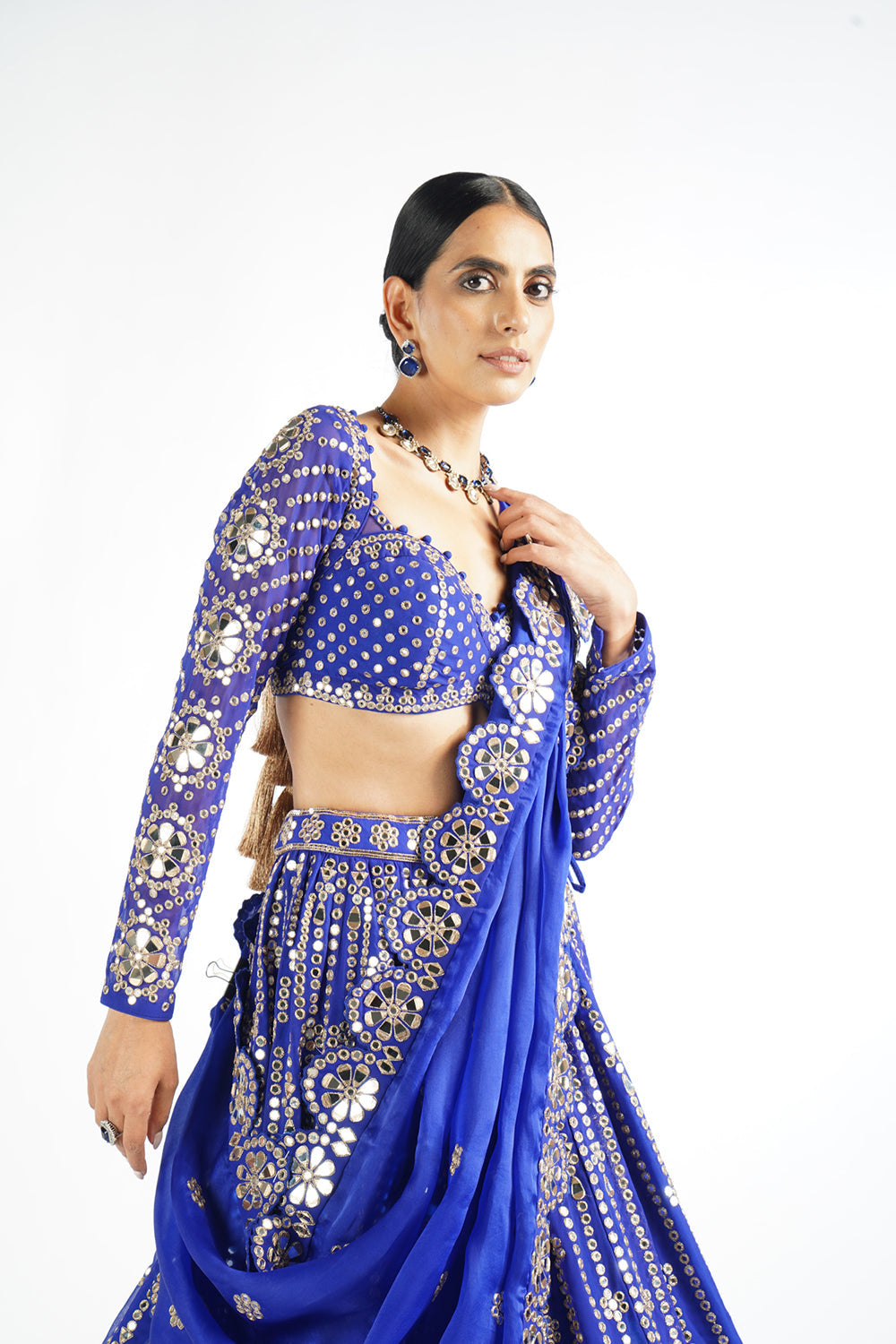 Royal Blue Small Flower Linear Lehenga Set