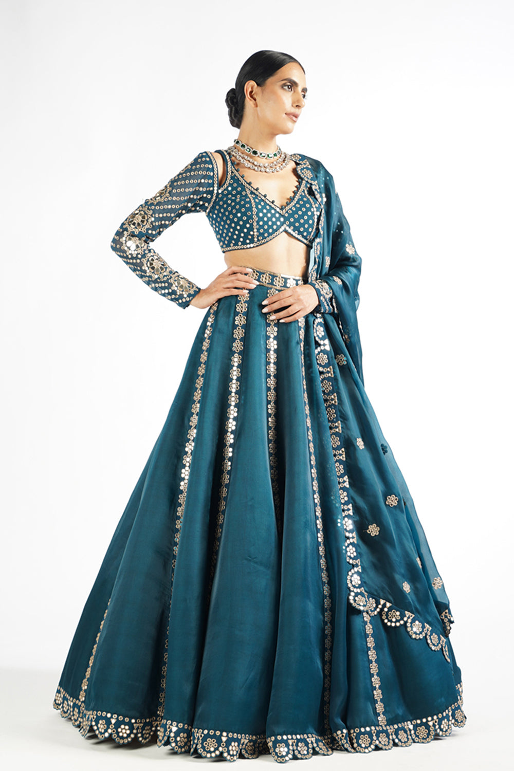 Dark Teal Flower Linear Lehenga Set