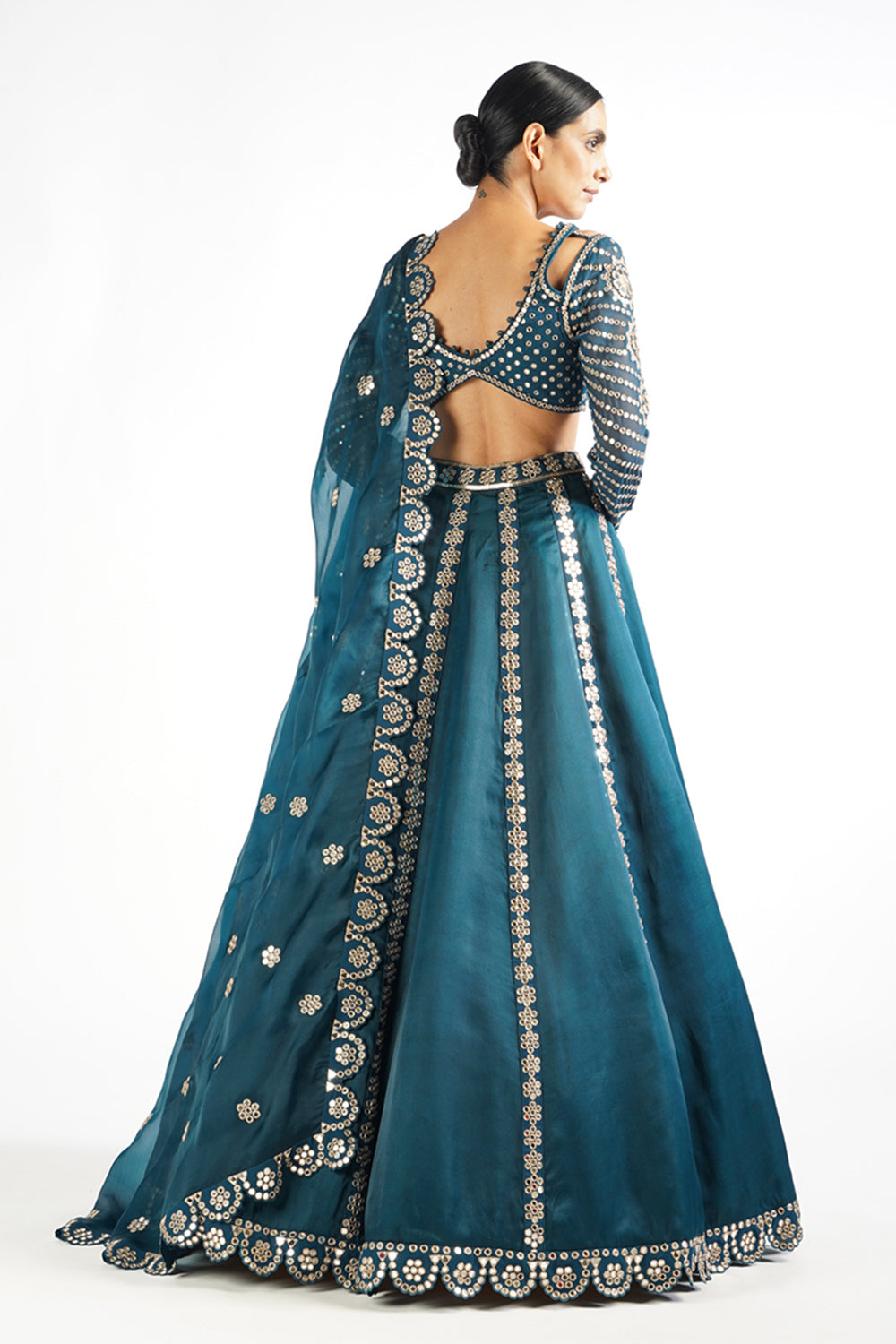 Dark Teal Flower Linear Lehenga Set